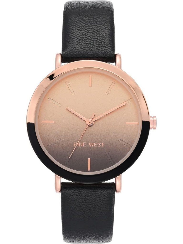 Nine West Women's Black Rose Gold Analog Japanese Quartz Solid Strap Round Watch
